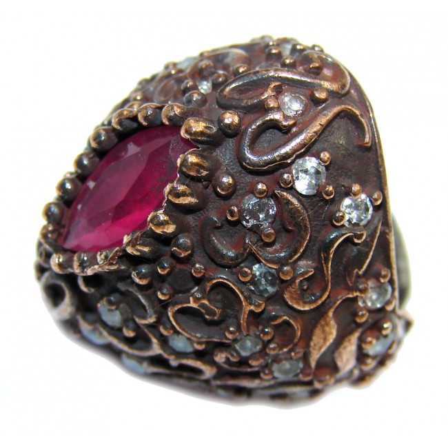 Victorian Style created Ruby & White Topaz Sterling Silver ring; s. 5 1/2