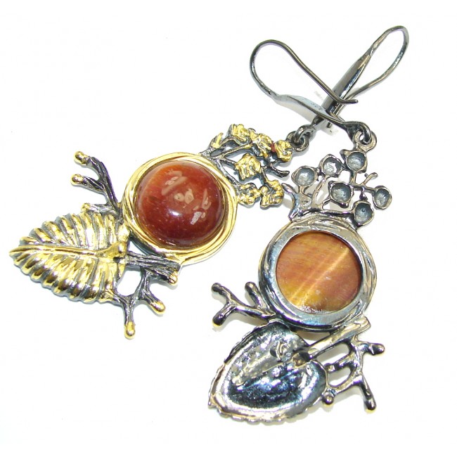 Long Floral Design Golden Tigers Eye Rold Rhodium plated over Sterling Silver Earrings