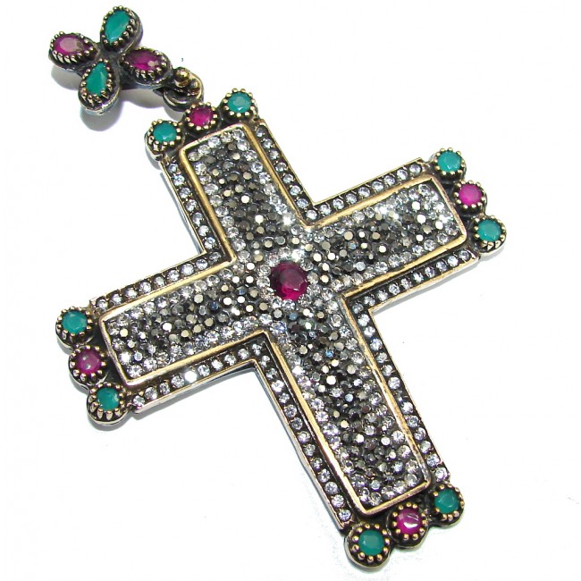 Victorian Style Pink Ruby Sterling Silver Pendant / Cross