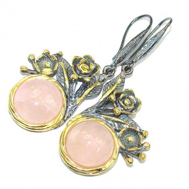 Long Secret Rose Quartz Gold Rhodium Plated Sterling Silver earrings