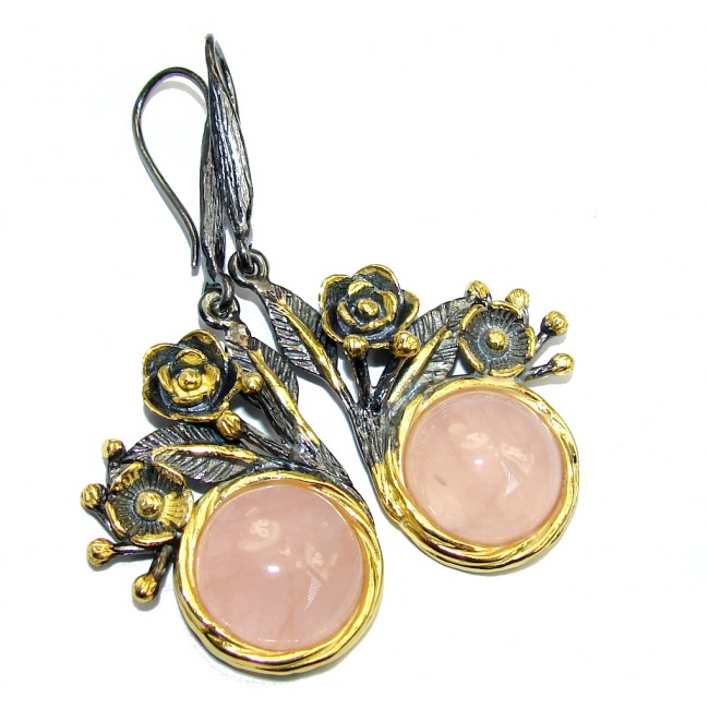 Long Secret Rose Quartz Gold Rhodium Plated Sterling Silver earrings