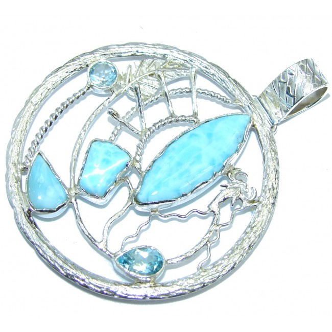 Big Unique Design Blue Larimar Sterling Silver Pendant