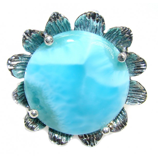 Huge AAA quality Blue Larimar Oxidized Sterling Silver Ring size adjustable
