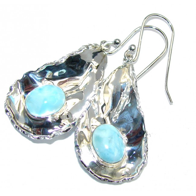 Caribbean Beauty Blue Larimar hammered Sterling Silver earrings