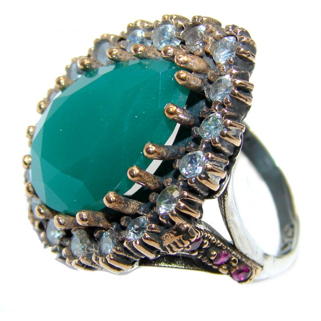 Victorian Style created Emerald & White Topaz Sterling Silver ring; s. 9 1/2