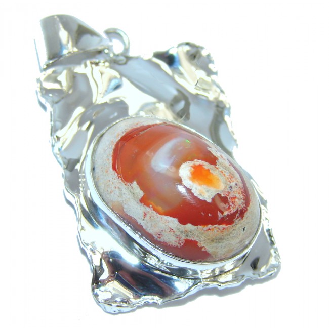 Secret Galaxy Mexican Fire Opal hammered Sterling Silver Pendant