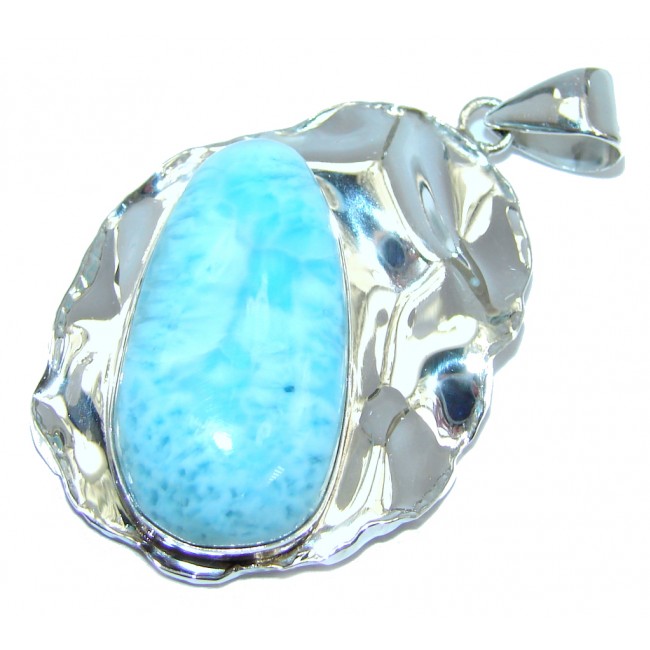 Natural AAA Blue Larimar Hammered Sterling Silver Pendant