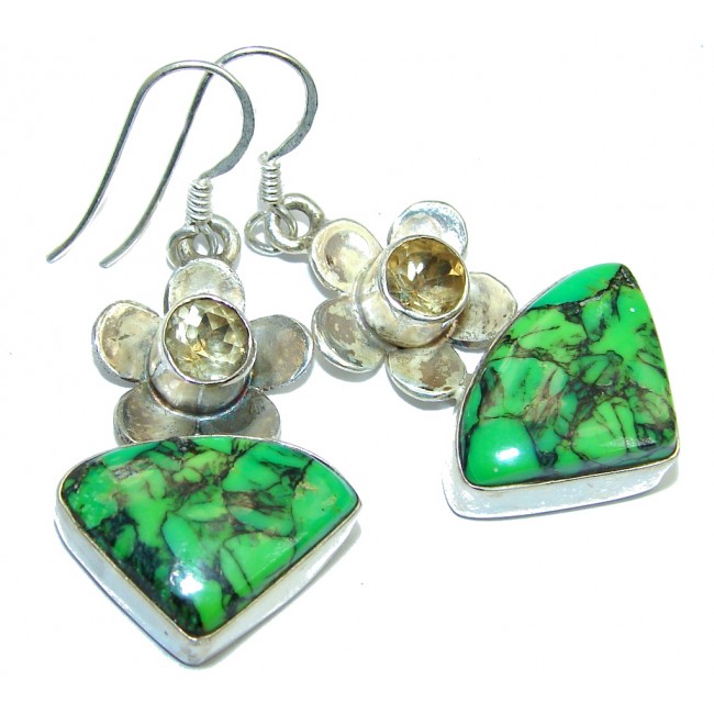 Solid Black vains in Green Turquoise Citrine Sterling Silver earrings
