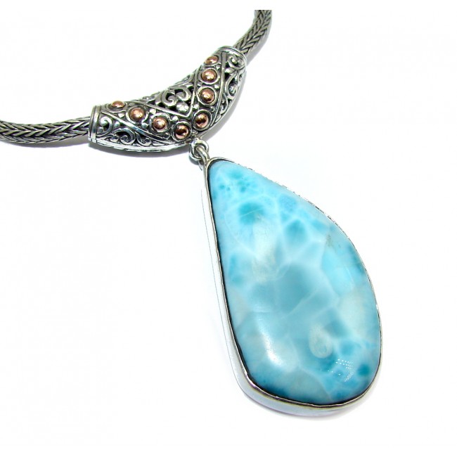 Piece of Art AAA Caribbean Blue Larimar Two Tones Sterling Silver Bali handcrafted necklace