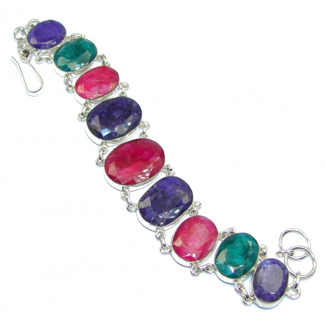 Simple Beauty Pink Ruby Emerald Sapphire Sterling Silver Bracelet