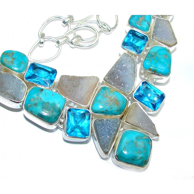 Ocean Blue Beauty AAA Turquoise Agate Druzy Sterling Silver Necklace