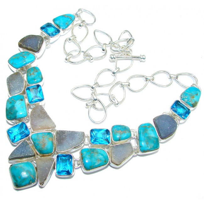 Ocean Blue Beauty AAA Turquoise Agate Druzy Sterling Silver Necklace