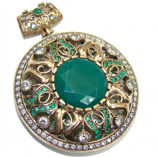 Huge Victorian Style Created Emerald & White Topaz Sterling Silver Pendant