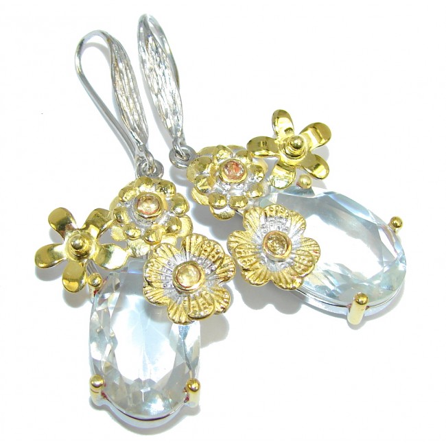 Floral Design Genuine White Topaz Gold plated over Sterling Silver earrings