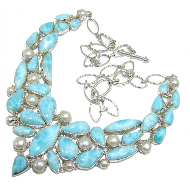 Huge Caribbean Style AAA Blue Larimar Pearls Sterling Silver necklace