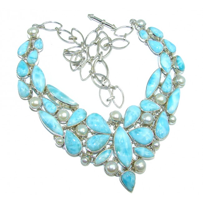 Huge Caribbean Style AAA Blue Larimar Pearls Sterling Silver necklace