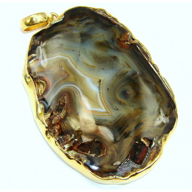 Huge Brown Botswana Agate Gold Plated Sterling Silver Pendant
