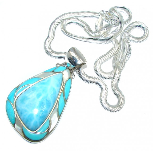 Piece of Art AAA Caribbean Blue Larimar Inlay Bliste Pearl Sterling Silver handcrafted necklace