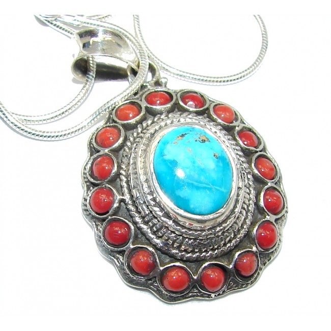 South West Style Beauty Coral Turquoise Sterling Silver Necklace