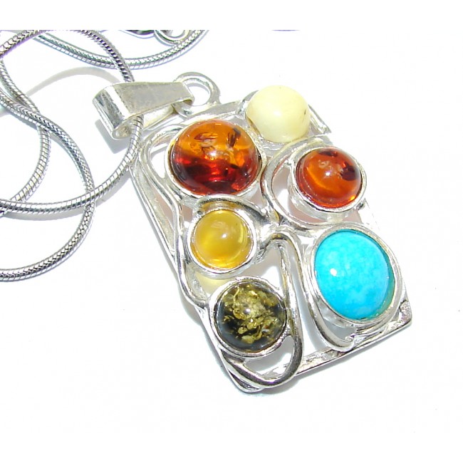Romantic Design Baltic Polish Amber Turquoise Sterling Silver necklace
