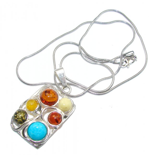 Romantic Design Baltic Polish Amber Turquoise Sterling Silver necklace