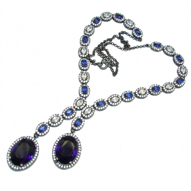 Elegant Victorian Style created Sapphire Ruby & White Topaz Sterling Silver necklace