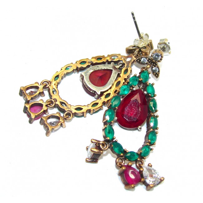 Victorian Style created Red Ruby & White Topaz Sterling Silver earrings