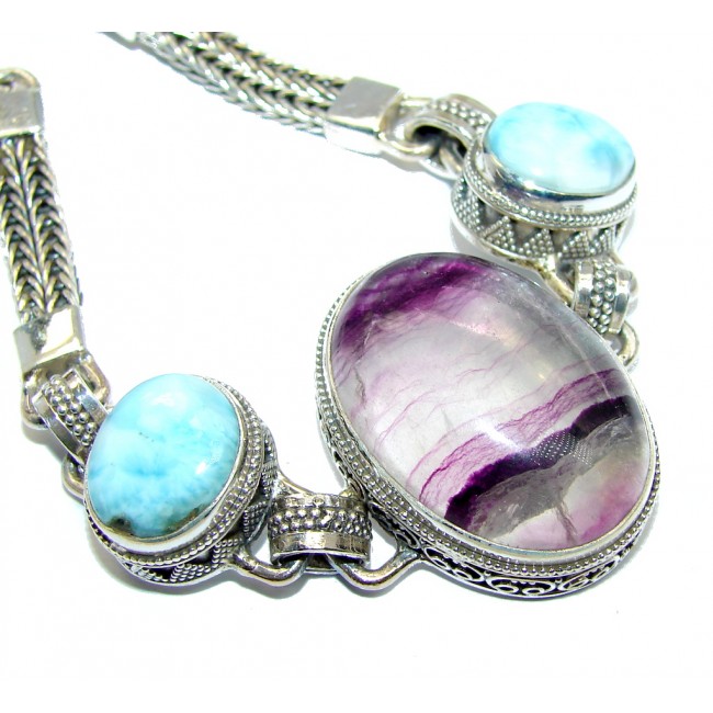 Excellent Design Purple Fluorite & Larimar Bali Made Sterling Silver Bracelet