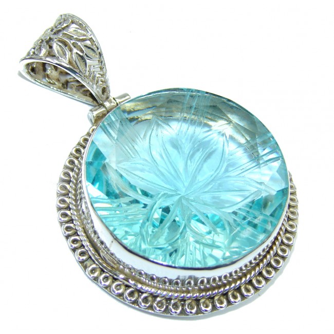 Carved Flower created Blue Topaz Sterling Silver Pendant