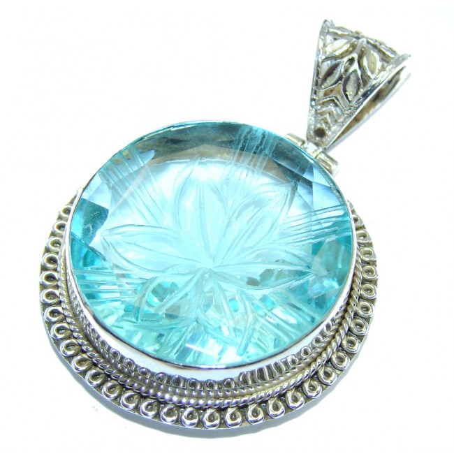 Carved Flower created Blue Topaz Sterling Silver Pendant