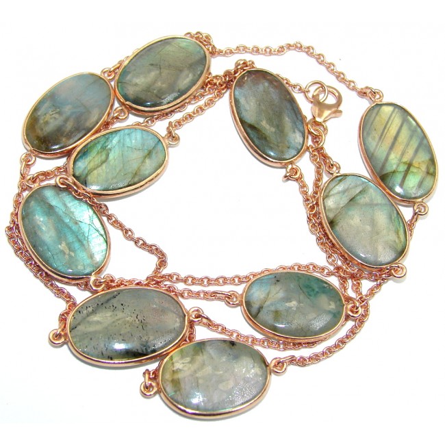 36 inches Genuine Fire Labradorite Rose Gold over Sterling Silver Necklace