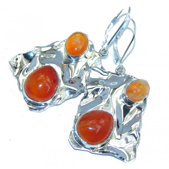 Perfect Orange Mexican Fire Opal Carnelian hammered Sterling Silver earrings
