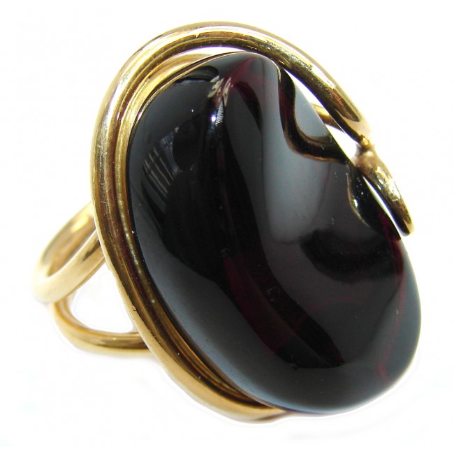 Chunky Genuine Dark Cherry Amber Gold plated over Sterling Silver Ring size adjustable