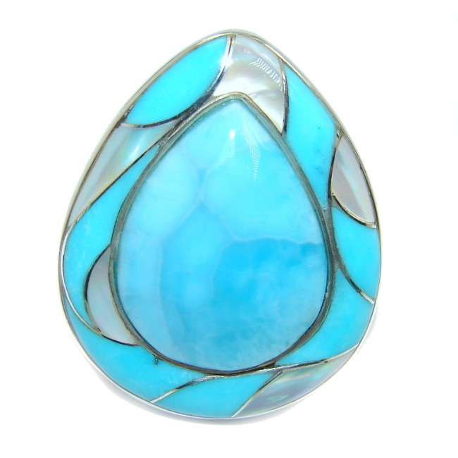 Huge AAA quality Blue Larimar Oxidized Sterling Silver Ring size 10