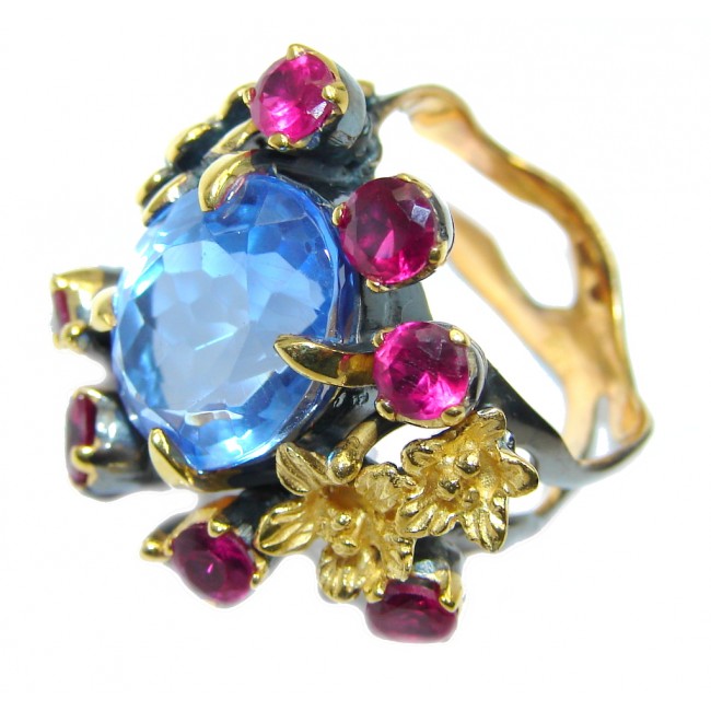 Unique Blue Topaz Garnet Gold Rhodium plated over Sterling Silver Ring s. 7 1/2