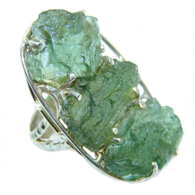 Classic Beauty Green Moldavite Sterling Silver Ring s. 8 adjustable
