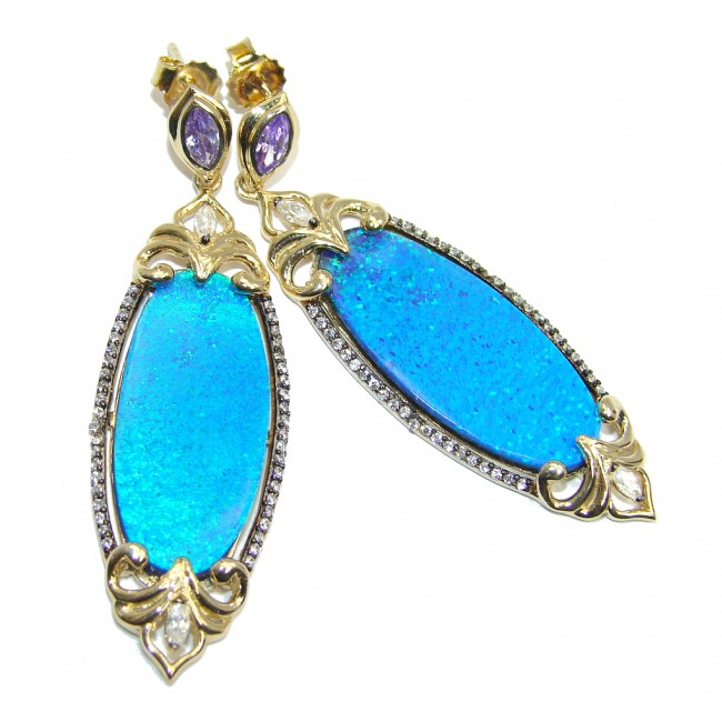 Ocean Blue Japanese Fire Opal Gold Rhodium plated over Sterling Silver earrings