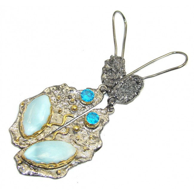 Long Precious AAA Blue Larimar Rhodium Gold plated over Sterling Silver earrings