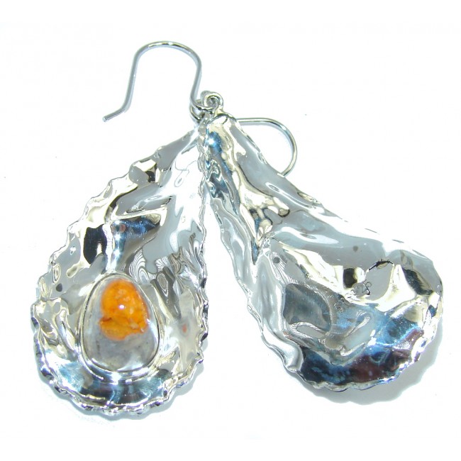 Long Orange Mexican Fire Opal hammered Sterling Silver earrings