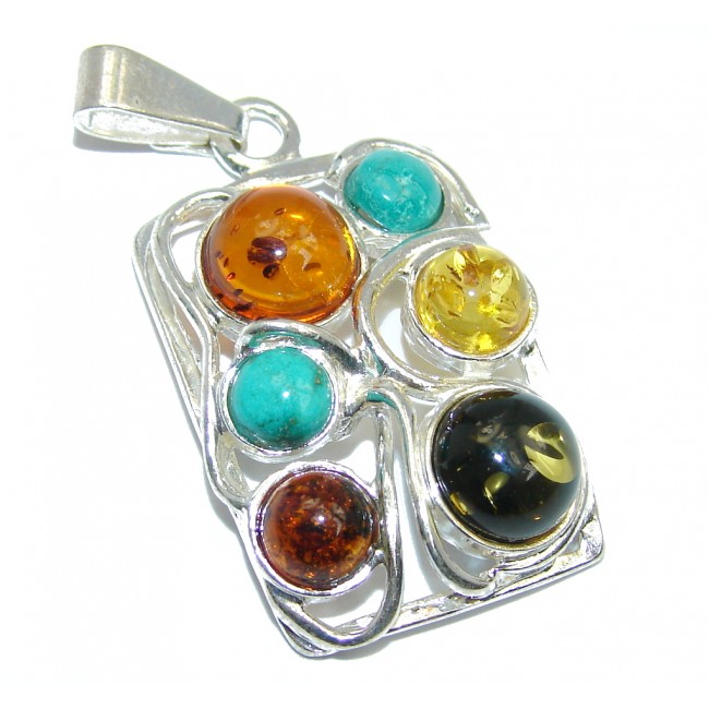 Natural Baltic Polish Amber & Turquoise Sterling Silver Pendant