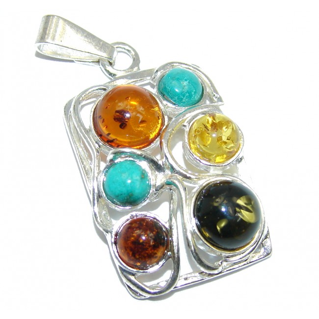 Natural Baltic Polish Amber & Turquoise Sterling Silver Pendant