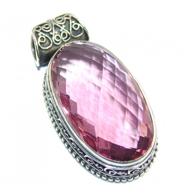 Large Simple created Pink Quartz Sterling Silver Pendant