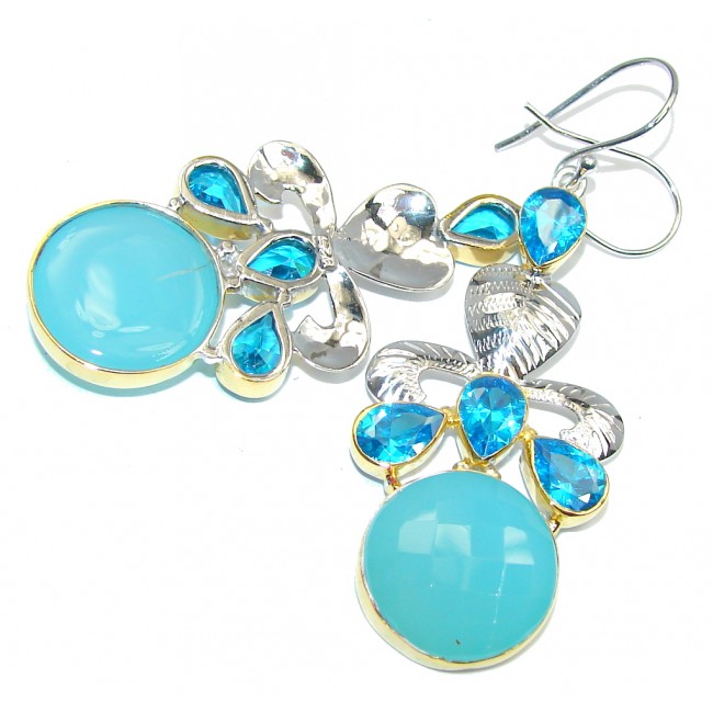Exceptional Blue River Chalcedony Agate Two Tones Sterling Silver earrings