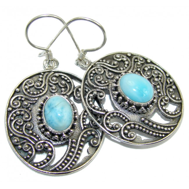 Long Precious AAA Blue Larimar Oxidized Sterling Silver earrings