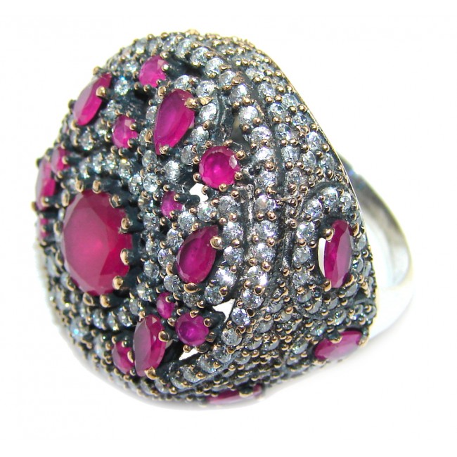 Victorian Style created Ruby & White Topaz Sterling Silver ring; s. 9 1/4