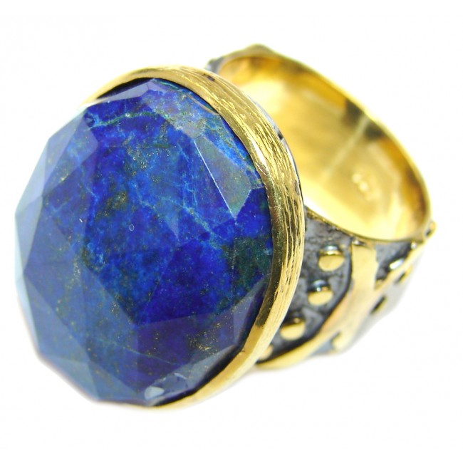Natural Blue faceted Lapis Lazuli Gold Rhodium Plated Sterling Silver Ring s. 7