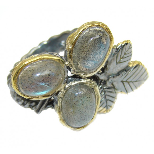 Captured Fire Labradorite Two Tone Sterling Silver Ring s. 7 1/2