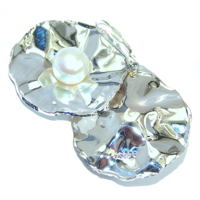 Big Fresh Water Pearl Hammered Sterling Silver earrings