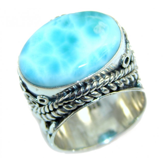 Huge Bohemian Style Blue Larimar Sterling Silver Cocktail Ring size 8