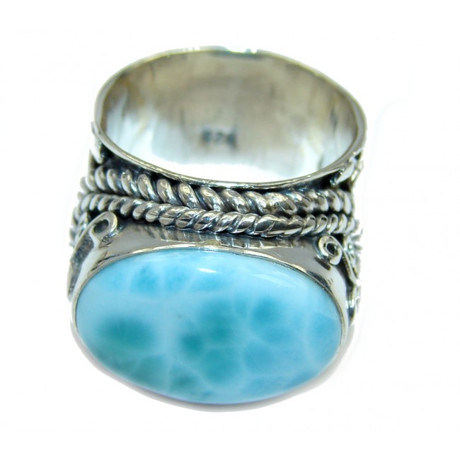 Huge Bohemian Style Blue Larimar Sterling Silver Cocktail Ring size 8